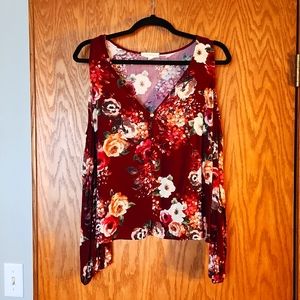 Long sleeve cold shoulder burgundy top with flowers,  size medium, LA Hearts